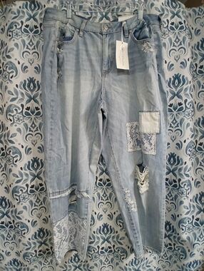 Cato Light Blue Distressed Straight Leg Jeans with Lace Patches